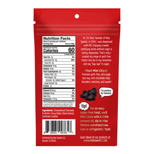 Sugar-Free Marshmallow and Dark Chocolate Bakers Bundle with nutrition facts and tips on the back packaging.