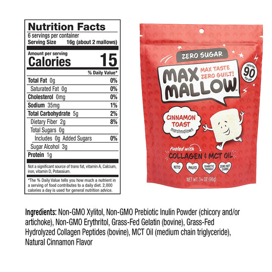 Max Mallows Sugar Free Cinnamon Toast with nutrition label